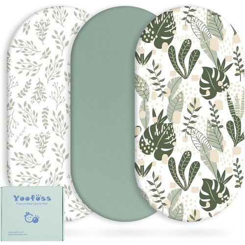 Yoofoss Bassinet Sheets for Baby,3-Pack Fitted Bassinet Sheets Set Compatible with Halo Bassinest Swivel Sleeper,Baby Delight,Angelbliss,Soft Breathable Bassinet Mattress Sheets(Green+Leaf)