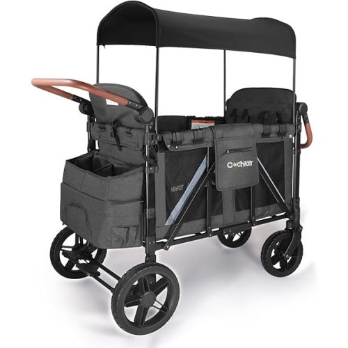 Elite Pro All-Terrain 4 Seater Wagon Stroller for Kids - Heavy-Duty 300lb Capacity, One-Hand Fold Design, High Seats with 5-Point Harness, Adjustable Canopy and Handlebars, Dark Grey