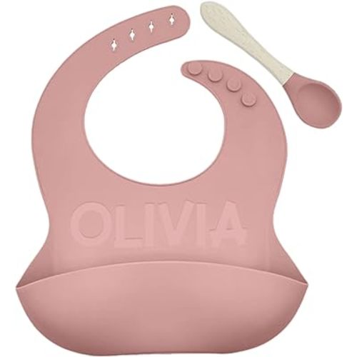 Amazon.com: Personalized Silicone Bib and Spoon Set with Debossed Custom Name, Babies/Toddlers Durable Adjustable with Pocket for Baby Boy & Girl | Pink : Baby