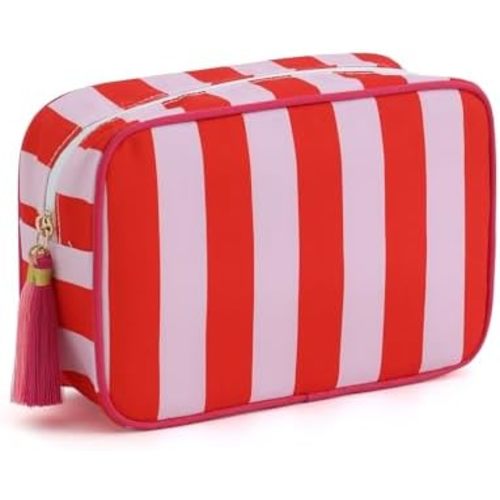 Stripe Makeup Bag Travel Cosmetic Bag Organizer Tassel Toiletry Bag Large Canvas Zipper Pouch and Accessories Storage Bag for Women