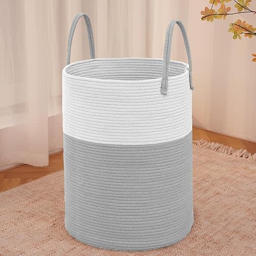 Large Woven Laundry Basket Hamper,60L Cotton Rope Storage Bin for Blankets,Toys and Clothes,Decorative Tall Nursery Hamper for Living Room,Baby Nursery,Bathroom and Bedroom,Light Grey