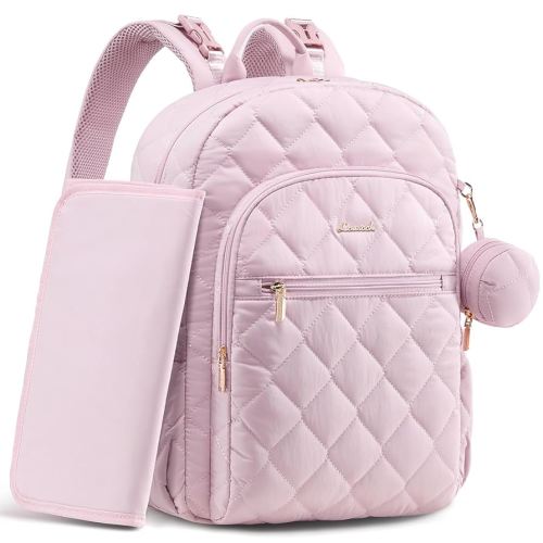 LOVEVOOK Diaper Bag Backpack,Puffer Quilted Baby Diaper Bag with Insulated Pockets,Travel Diaper Backpack for Boys Girls with Changing Pad,Water-Resistant Baby Bag for Mom Dad,Pink
