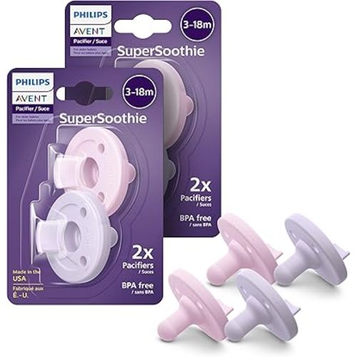 Philips Avent Soothie 3-18 Months Orthodontic Baby Pacifiers, 100% Silicone Pacifiers, One Piece, BPA-Free, 2 Lilac and 2 Pink, 4 Pack, Model SCF192/70