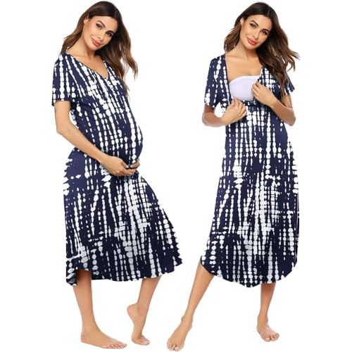 Ekouaer Womens Maternity Nightgown for Hospital Pregnancy Long Nightgowns Nursing Night Gown for Breastfeeding