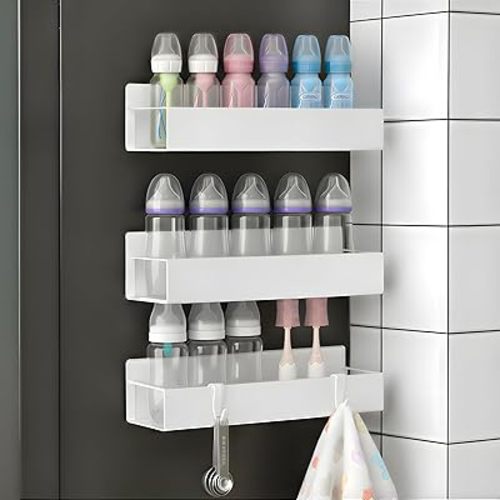 MGY 3Pack Magnetic Baby Bottle Organizer for Refrigerator,Space-Saving Storage for Baby Bottles, Metal Shelf with 4 Hooks,Station Organizer for Bottles
