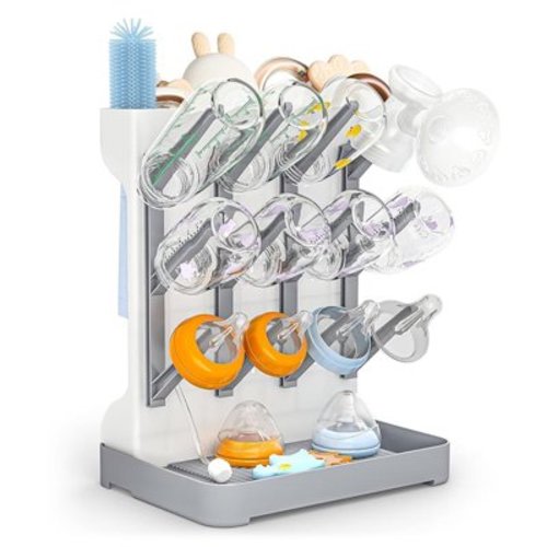 Baby Bottle Drying Rack - Large Vertical Bottle Dryer Rack Holder for 12 Bottles- Space Saving Countertop Drying Rack Baby Accessory for Baby Bottles and Pump Parts (Gray)