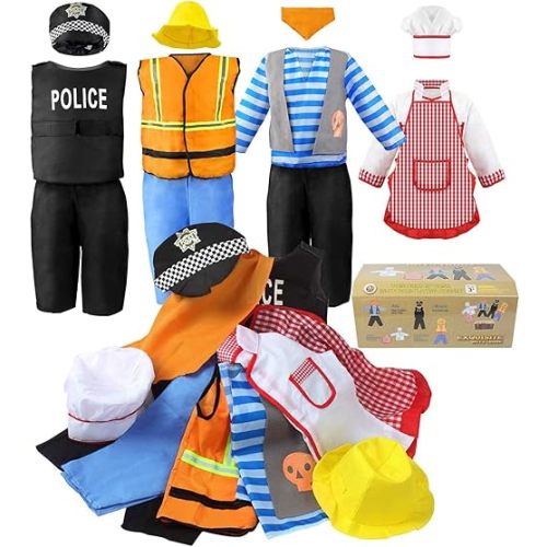 Jeowoqao Boy's Dress Up Costumes Set, Role Play Set 11-pcs Trunk Pirate, Chef, Construction Worker, Policeman Costume Fit Kids Girls Age from 3-6