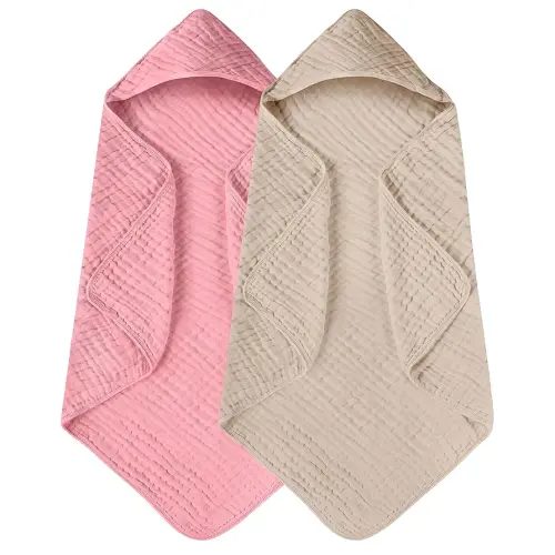 Yoofoss Hooded Baby Towels for Newborn 2 Pack 100% Muslin Organic Cotton Baby Bath Towel with Hood for Babies, Infant, Toddler and Kids, Large 32x32Inch, Soft and Absorbent Newborn Essential