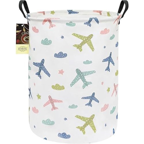 HUNRUNG Laundry Hamper,Large Canvas Fabric Lightweight Storage Basket Toy Organizer Dirty Clothes Collapsible Waterproof for College Dorms(Round-Color Aircraft)