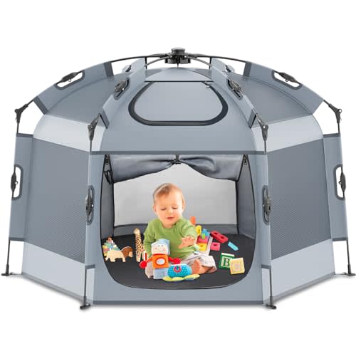 Babepai Pop up Playpen with Canopy - Portable Baby Beach Tent - Outdoor Baby Playpen - Indoor & Outdoor Play Yard for Babies, Foldable, Portable, Lightweight & Travel Bag - Gray