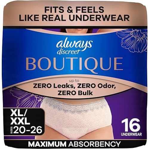 Always Discreet Boutique Black, Reimagined Adult Diapers for Women, Maximum Absorbency Incontinence and Postpartum Underwear Size XL/XXL, Fits and Feels Like Real Underwear, 16 Count