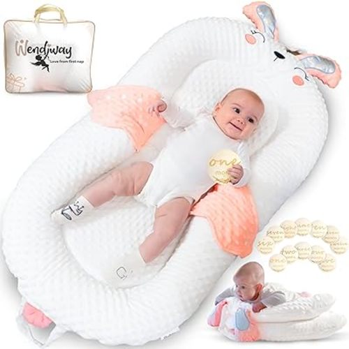 Baby Nest - Large Baby Lounger w/Adjustable Side Panels, Baby Nest Lounger Infant Lounger for 0-18 Months - Incline Newborn Bed, Foldable Infant Bed, Newborn Lounger w/ 12 Milestone Circles