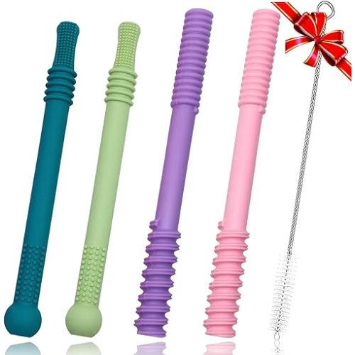 Teether Tubes for Babies 6 12 18 Months, 4 Pack Hollow Straw Toddler Teether Toys for molars, Silicone Chew Tube for Sensory Kids with Chewing or Other Special Needs, BPA Free Dishwasher Freezer Safe