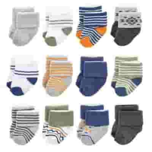 Luvable Friends Baby Boy Newborn and Baby Terry Socks, Orange Blue Aztec 12-Pack, 6-12 Months