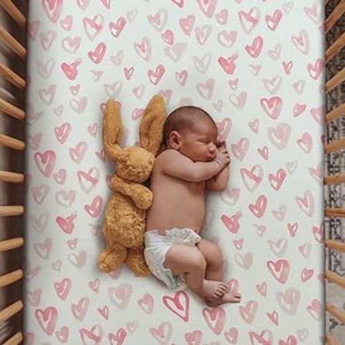 Soft Fitted Crib Sheet, Stretchy and Breathable Toddler Crib Sheet for Boys and Girls, Fits Standard Crib and Toddler Mattress (Pink Hearts)