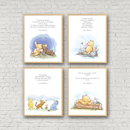 Classic Winnie the Pooh Quotes Framed Nursery Wall Art Set of 4 (11x14)