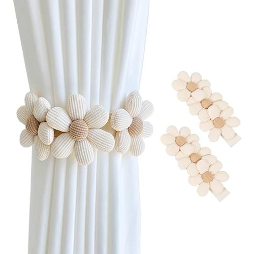 SRG Sunflower Curtain Tiebacks-2 Pack | Daisy Curtain Holdbacks Three Flower | Curtain Tiebacks Boho | Japanese Curtain Ties | Cute Flower Curtain Ties Decorative for Bedroom Window Treatment (Cream)
