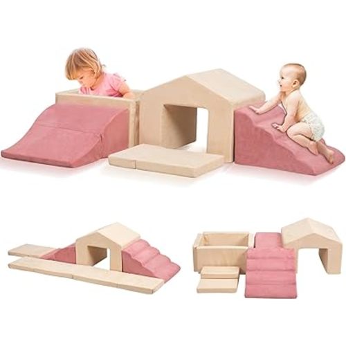 Foam Climbing Toys for Toddlers, 6PCS Climb and Crawl Activity Playset, 5 in 1 Soft Crawling Climbing Blocks Indoor, Toddler Play Climbing and Ball Pit with Slide Stairs and Ramp, Pink & Beige