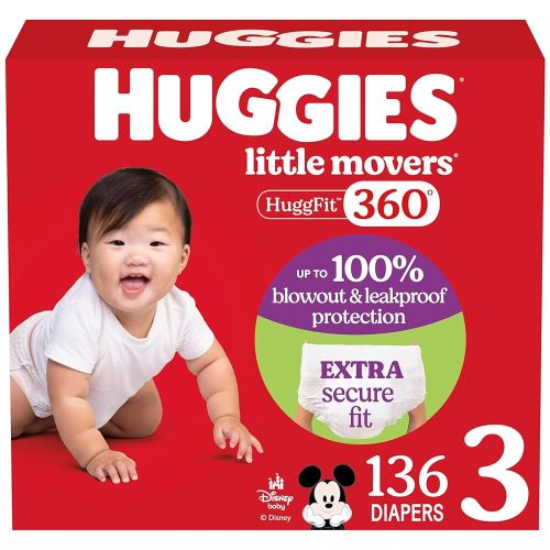 Huggies Size 3 Baby Diapers, Little Movers HuggFit 360° Baby Diapers with 360° Waistband, Size 3 (16-28 lbs), 136 Count, Packaging May Vary