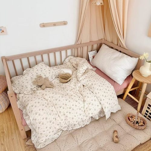 BuLuTu Beige Kids Toddler Baby Duvet Cover Girls Muslin Duvet Covers Floral Nursery Quilt Cover Gauze Bedding Coverlet, 47"x59", Crapemyrtle Print (No Pillowcases) - Baby (47"x59")