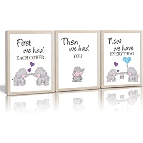 KAIRNE Watercolor Elephant Family Framed Canvas Wall Art ,First We Had Each Other Quote Art Print,Nursery Animal Love Words Picture Ready to Hang For Kids Room Decor