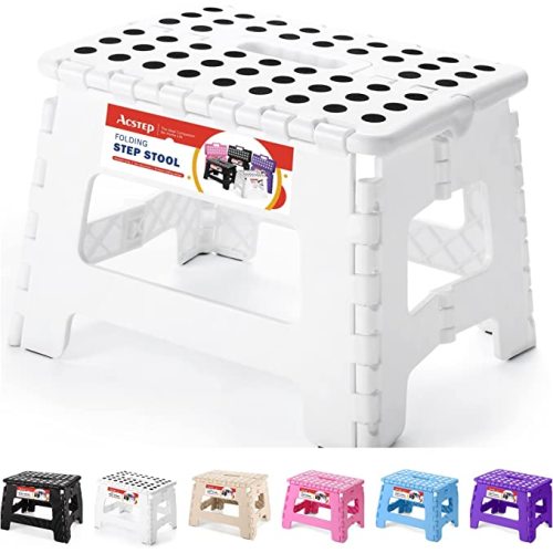 ACSTEP Folding Stool - Portable, Collapsible Plastic Step Stool, 9 Inch, Non Slip, Foldable, for Kitchen, Bathroom, Bedroom (White)