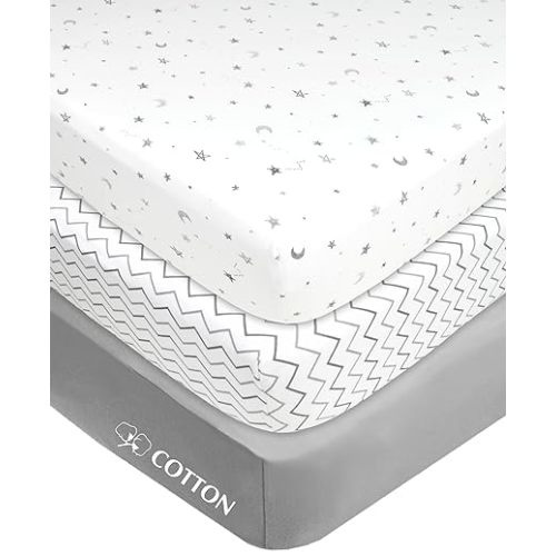 American Baby Company 3 Pack Fitted Mini Crib Sheet 24" x 38", Soft Breathable Neutral 100% Cotton Jersey Portable Sheet, Gray Star/Zigzag, for Boys and Girls, Fits Most Pack N Play Mattresses - Grey Star/Zigzag