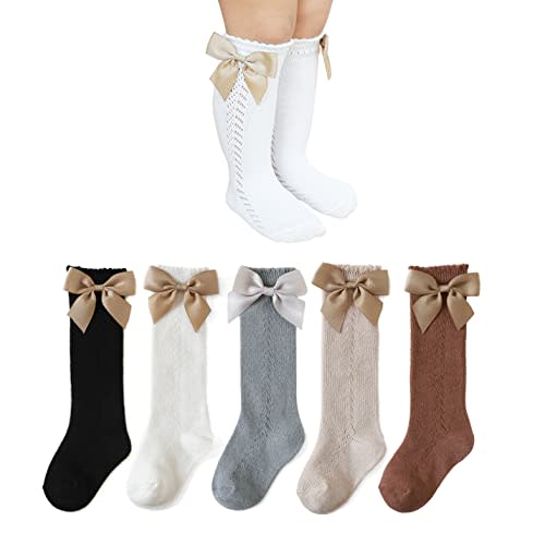 Marchare Baby Girls Knee High Socks Baby Girls Bow Stockings Cotton Uniform Stockings Dress Socks 5 Pack,0-5T
