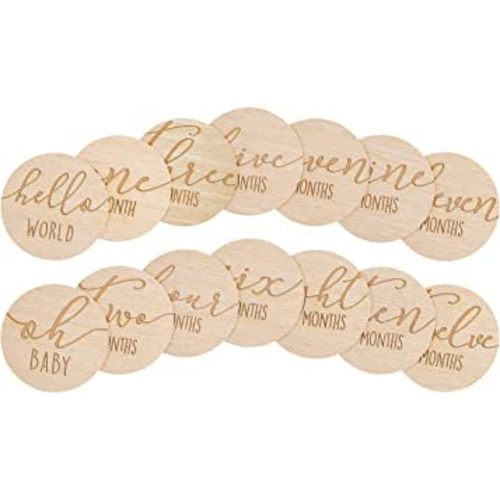 Pearhead Wooden Monthly Milestone Photo Cards - 7 Double-Sided Engraved Discs for Baby Announcement and Milestones, Gender-Neutral Photo Props for Newborn Boy and Girl, Light Wood