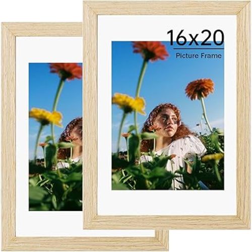 16x20 Picture Frame Wood Frame,High Definition Glass Wide Molding,Wall Art, Photo Frame, and Poster Frame,Preinstalled Wall Mounting Hardware (Natural, 2 Pack)
