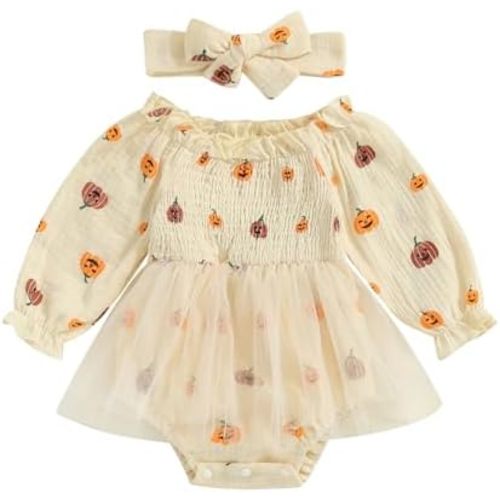 Halloween Baby Girl Clothes Newborn Pumpkin Romper Dress Long Sleeve Tulle Bodysuit Cute Halloween Outfit