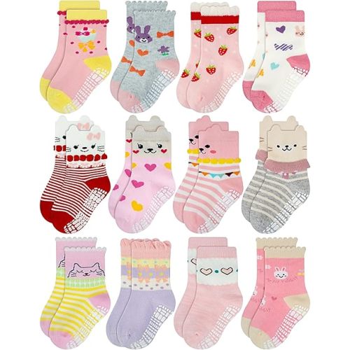 RATIVE Non Skid Anti Slip Cotton Dress Crew Socks With Grips For Baby Infant Toddler Kids Girls