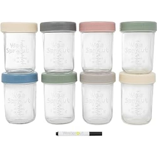 WeeSprout Glass Baby Food Storage Jars w/Lids (8 oz, 8 Pack Set) Snack, Puree, Reusable Small Containers, Breast Milk, Fridge or Freezer, Microwave & Dishwasher Safe, Essential Must Have for Infants