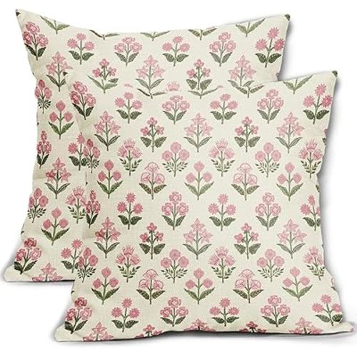 Pink Green Block Print Pillow Covers 16x16 Inch Set of 2 Vintage Floral Decorative Pillow Cases Boho Outdoor Linen Square Cushion Cover Rustic Farmhouse Decor for Bedroom Home Sofa Couch Bed