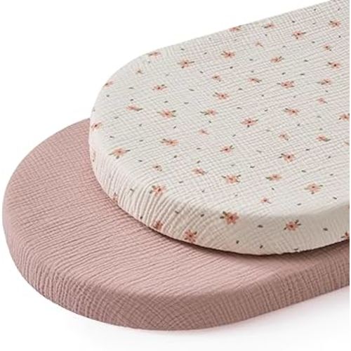 Blissful Diary Muslin Bassinet Sheets for Baby Girls Boys, Boho Soft Cotton Fitted for Oval Hourglass Rectangle Mattress, 2 Pack(Pink Floral&Light Pink)