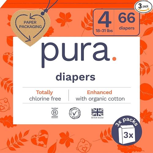 Pura Size 4 Eco-Friendly Diapers (18-31lbs) TCF Hypoallergenic, Soft Organic Cotton, Sustainable, up to 12 Hours Leak Protection, Allergy UK, Recyclable Packaging, 3 Packs of 22 (66 Diapers)