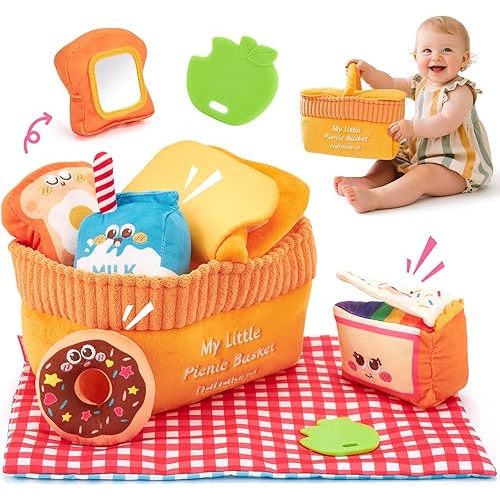 Hahaland Baby Toys 6-12 Months – Picnic Basket Sensory Toy with Crinkle, Rattles, Teether & Mirror, Montessori Play Food Plush for Early Development, Birthday Gifts for 1+ Years Boys & Girls