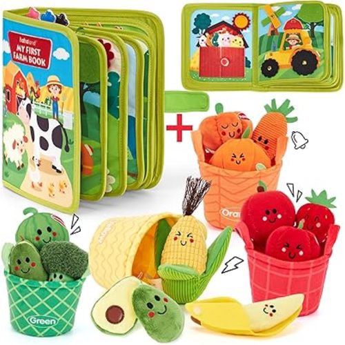 hahaland Busy Book for Toddlers 1-3 and Baby Sensory Toys - 16 PCS My First Fruit Vegetable Color Sorting Play Food