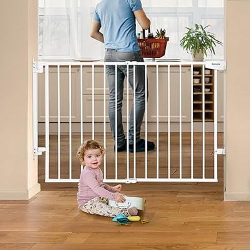 Babelio 29.7-46.5" No Bottom Bar Baby Gate for Stairs, Safety Pet Gates with Large Walk Thru Door, Hardware Mount Dog Gate for The House and Doorways, White
