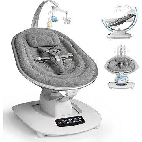 AMKE Luxury Electric Baby Swing for Infants, 45dB Quiet Dual Motor, 5 Swing Motions, Aluminum Frame, 3 Recline Positions, Touch Panel, 5 Preset Songs, Spine Comfort for Newborns Swaying