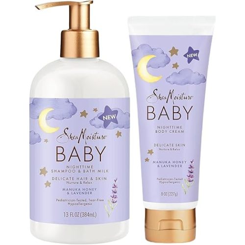 Shea Moisture Baby Care Set – Relaxing Nighttime Shampoo & Bath Milk + Nighttime Body Cream for Delicate Skin, Manuka Honey & Lavender (2 Piece Set)