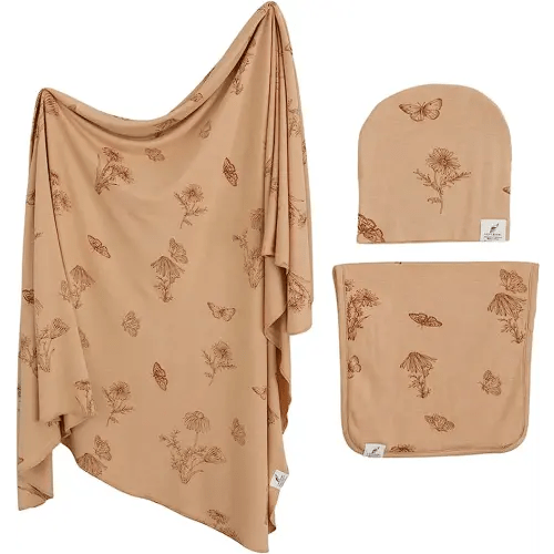 Leyl&Ari Stretchy Swaddle Blanket | Knit Swaddle Blankets | Receiving Blanket Burp Cloth Hat Set | Butterfly Swaddle Blanket