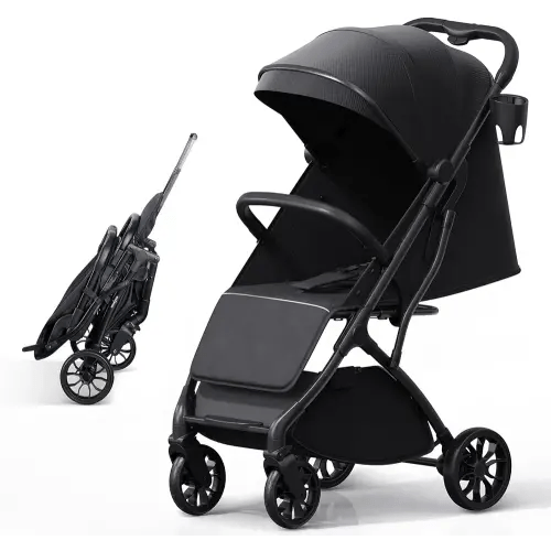 Lightweight Baby Travel Stroller, Compact Toddler Strollers w Telescoping Handle, Cup Holder & Storage Pocket, One-Hand Quick Fold, Near Flat Recline Seat, TR18, Black