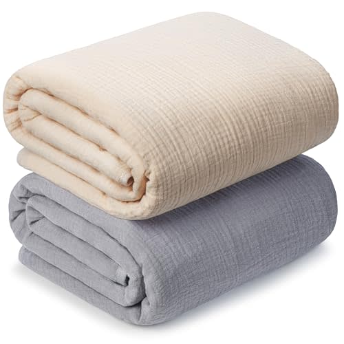 Muslin Swaddle Blankets for Newborn, 2 Pack Breathable Soft Receiving Blanket, Large 41 x 41 inches Swaddle Wrap Burping Clothes, Essentials Infant Shower Items. (Beige & Light Gray)