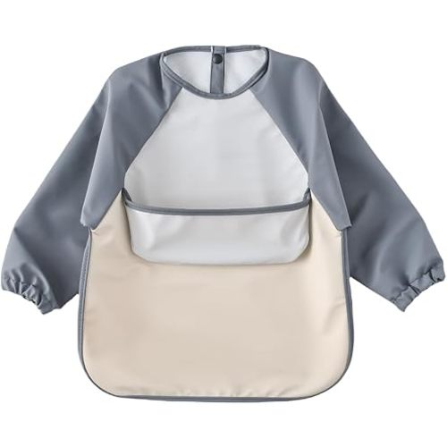 GZMM Waterproof Baby Bibs,Infant Toddler Long Sleeve Feeding Bib With Food Catcher,Wipe Clean & Washable