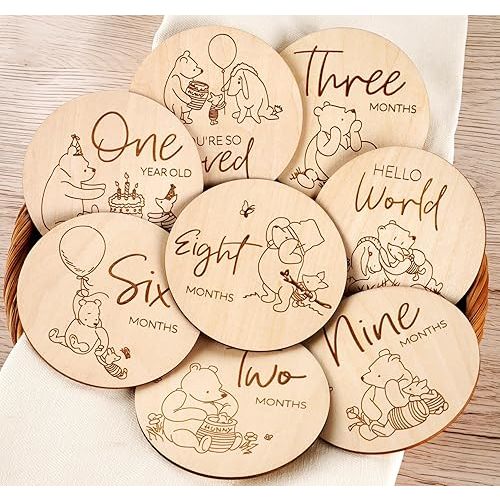 Winnie Baby Monthly Milestone Marker, Wooden Discs for Baby Photo Props with Hello World Newborn Sign - 8Pcs Double Sided Signs