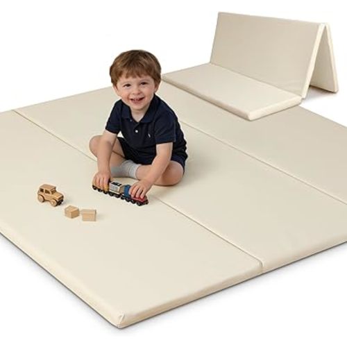 SEPARO Thick Trifold Baby Play Mat,Soft Vegan Leather 47x47 Play Mat for Playpen,Foldable Tummy Time Foam Floor Mats,Waterproof & Wipe-Clean for Toddler,Kids & Infants Playroom,Beige
