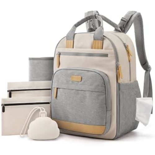 mommore Diaper Bag Backpack, Insulated & Waterproof, Stroller Straps, Gray White