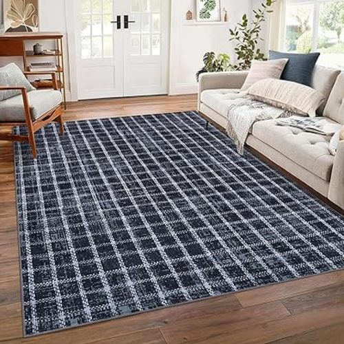 5 x 7 Area Rugs Non-Slip Washable Low-Pile Carpet - Checkered Braided Geometric Print for Living Room Bedroom Nursery Kitchen Dining Indoor Use Blue