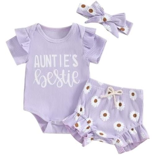 NZNDSHD Aunties Bestie Baby Clothes Girl Newborn Infant Girls Summer Outfit Short Sleeve Romper Daisy Short Headband Set